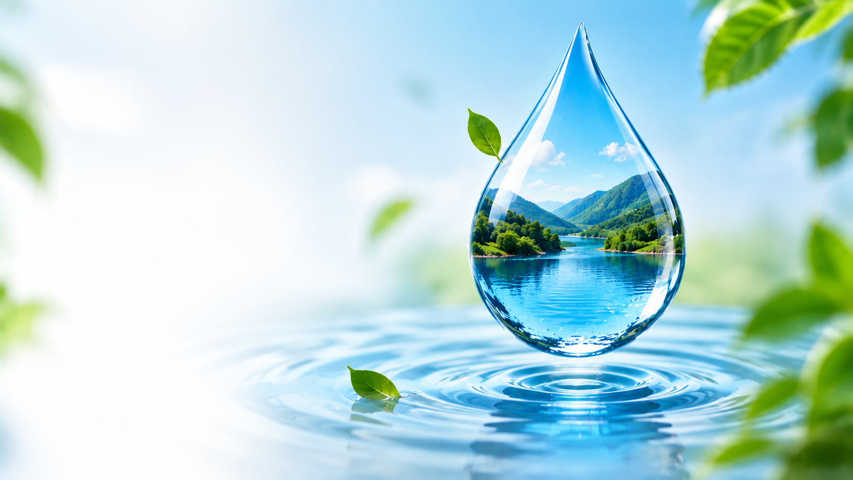 A clear water droplet reflecting a green mountain valley, framed by fresh green leaves above a calm lake
